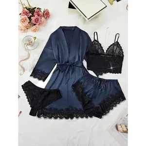 [5pcs Satin Pajama Set Elegant] Women'S 5pcs Satin Pajama Set, Elegant Solid Color Nightgown with Belt, Floral Lace Top & Thong, Medium Support, Polyester 95%, Elastane 5%, Mid-Rise, Woven Lingerie Set Blue Loungewear Nightwear Womenswear