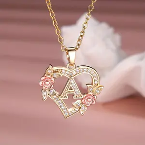 Creative hollow heart flower 26 English letters zircon pendant necklace Initial letter heart flower necklace gift for lover