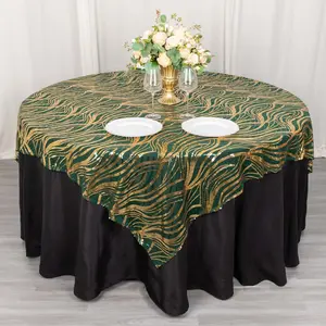 Sequin Mesh Table Overlay 72"x72" Hunter Emerald Green Wave Embroidered Table Topper