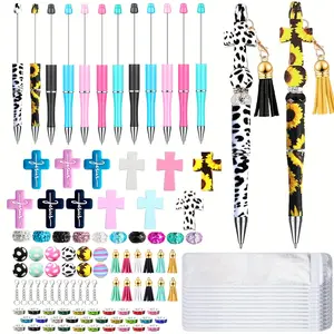 12 Set Jesus Beadable Pens Bulk Assorted Colors Beads Tassels DIY Making Kit Multicolor Cross Silicone Focal for Pens BallPoint Pen for Office Christian Gifts