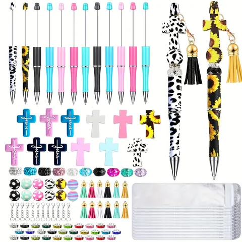 12-Set Christian Cross Beadable DIY Making Kit, Beadable Pens & Refills, Multicolor Assorted Pen Beads, Silicone Cross Focal Beads, Tassels for Office Christian Gifts