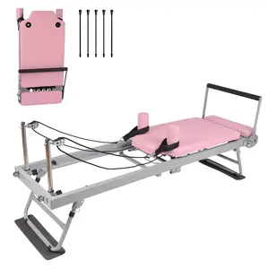 GARVEE Pink Pilates Reformer Machine 77.5" Foldable Equipment with Adjustable Resistance Ropes for Home Gym Workout Suitable for Beginners and Advanced Users