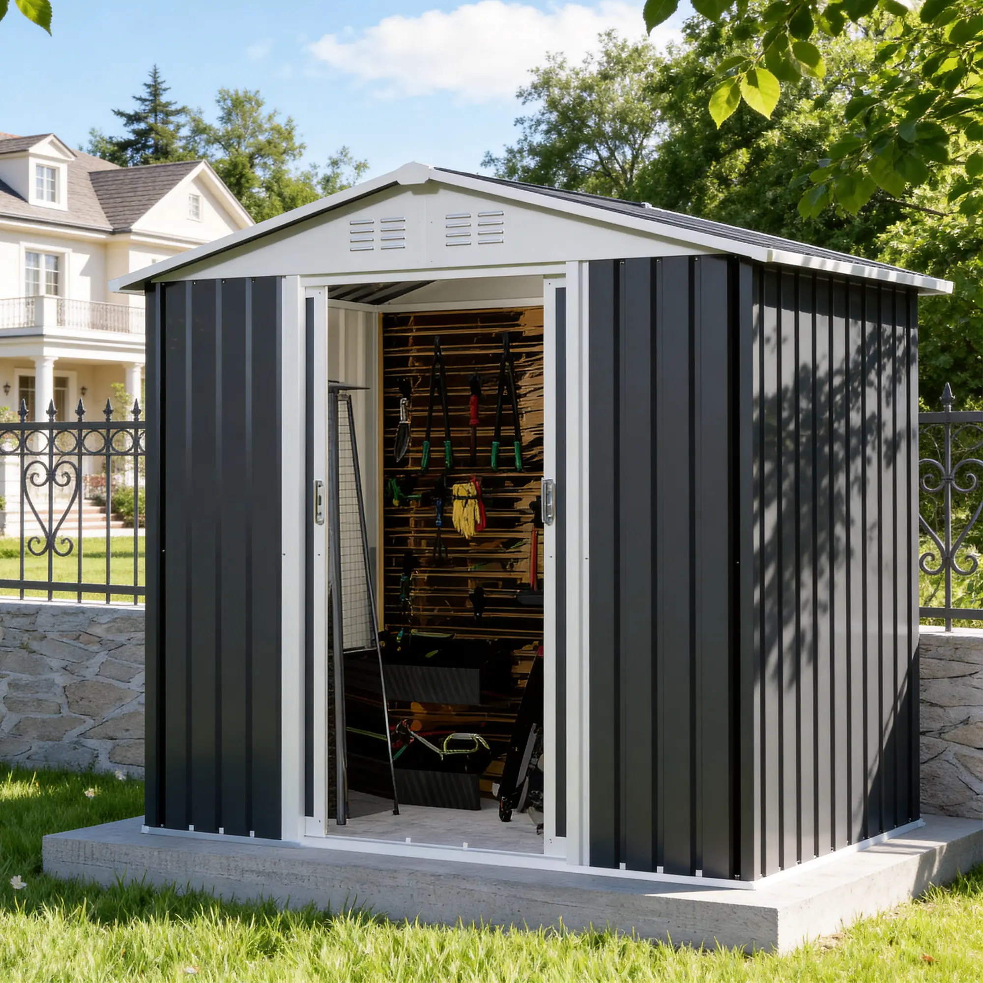 6FTx4FT Apex Roof Green Outdoor Tool Storage House Garden Shed With Aluminum Alloy Frame And Sliding Door, Backyard Garden Accessories