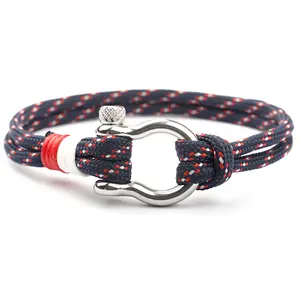 Nylon Paracord & PU Leather Bracelet W. Stainless Steel Anchor Shackle Clasp 8 Inches