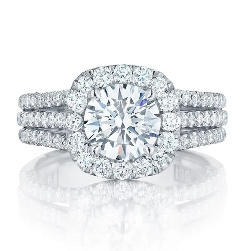 Women's 3-Row Halo Cubic Zirconia Engagement Ring, 18 Karat White Gold Plated Stackable Promise Ring, Elegant Everyday Crystal Engagement Wedding Band Jewelry Gift