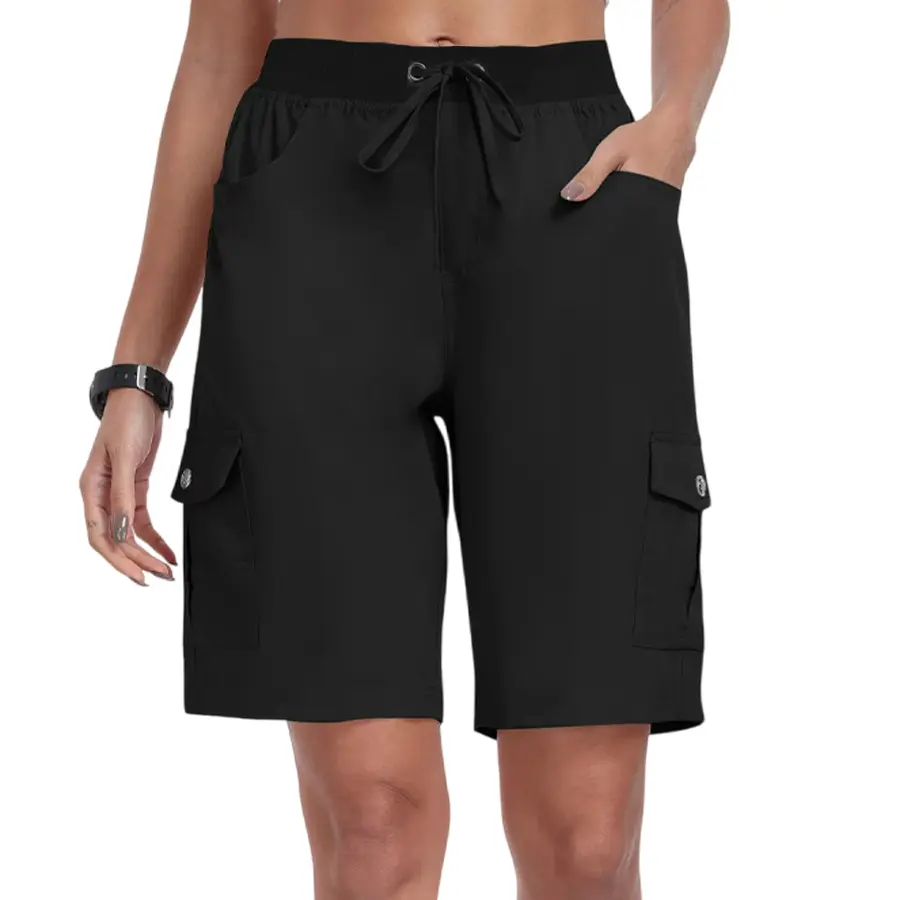Women’s Minimalist Chic Capri Cargo Shorts - Capri Cut, Cotton Knit, Quick-Dry Lightweight Slightly Stretchy Fabric, Mid Waist Elastic Drawcord Waistband, Loose Fit, Pockets, Hiking-Outdoor Wear, Summer-Autumn Bottoms (Also Available as Long Pants), Knitt