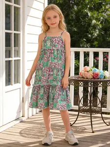 Girls' Summer New French Country Style Vintage Sweet Halter Dress, Floral Print Dress, Multi-Layer Ruffle Oil Painting Floral Skirt, Casual Vacation Picnic Essential