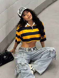 Vintage Colorblock Striped Loose Cropped Short Polo Shirt, High Waist Skinny Half Sleeve, Street Style, Women's Fashion Top