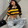 Vintage Colorblock Striped Loose Short Collared Polo Shirt, High Waist Skinny Half Sleeve, Streetwear Style, Women's Fashion Top, Casual, Polo Neck Top