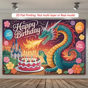 2D Flat Banner, 2D flat, 1 dragon and castle themed birthday banner - medieval party decoration, including dragon, castle, and number 1 (suitable for 1st birthday) - durable polyester indoor and outdoor background fabric, suitable for room an