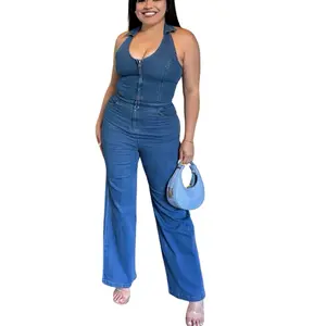 Denim Jumpsuit - Blue Sleeveless Wide Leg Halter Zip Up Jumpsuit for Women - Trendy & Comfortable Summer Wear - Essential Fashion Piece Overalls Womenswear