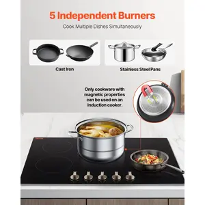 SummerWins9200W Power Induction Cooktop, 5-Burner Knob Control Electric Countertop Stove, Built-in Design with 12 Temperature Settings, Glass Surface, Auto Shut-Offdealsforyoudays