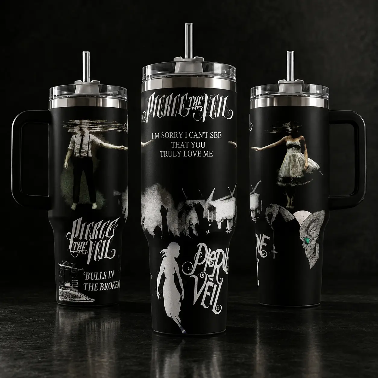 Pierce the Veil PTV Tumbler 20oz 40oz with Handle Straw Stainless Steel Insulated Travel Mug Selfish Machines Album Merch Lyrics Emo Rock Gift for Fans Music Lover Aesthetic Y2K Reusable Coffee Cup