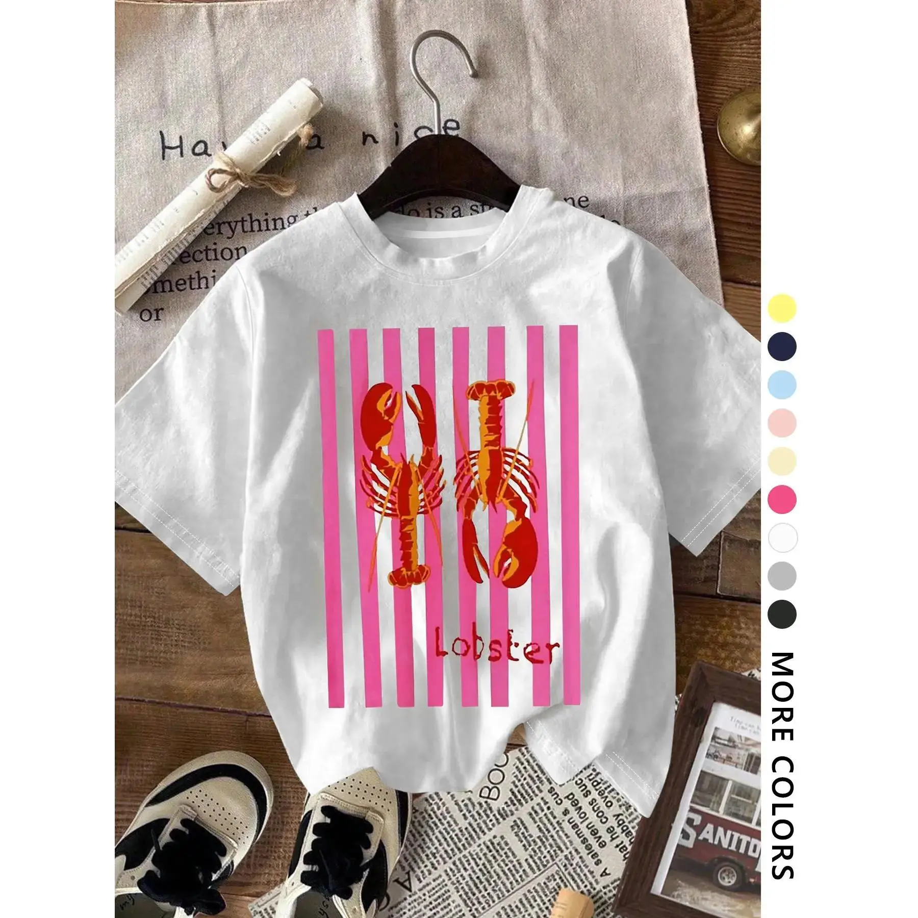 Women's Lobster Graphic Short-Sleeve Round Neck Streetwear T-Shirt, Casual Sports Top for Daily Wear, All-Season Ladies Sports & Outdoor Apparel, Shortsleeve