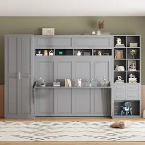 Queen Size Murphy Bed Wall Bed with Closet , Drawers and Shelves,Gray