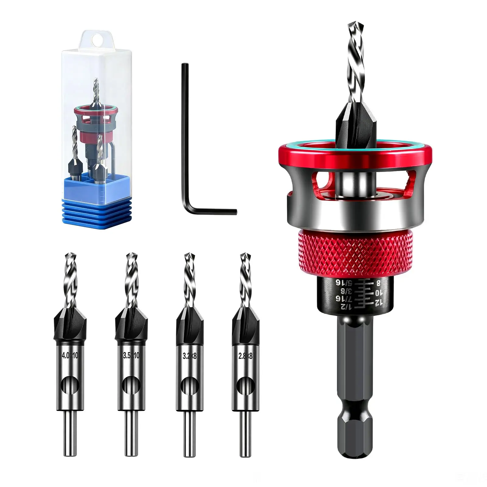 4PCS High-Speed Steel M2 Countersink Drill Bit Set - 82-Degree Tapered Bits, Depth Stop, 1/4" Hex Shank, Wrench for Woodworkers' Hand Tools