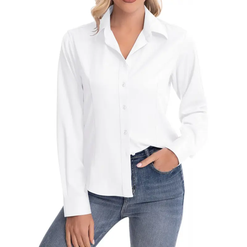 Womens Classic-Fit Dress Shirts Long Sleeve Button Down Wrinkle-Free  Stretch Solid Casual Work Office Blouse Top - TikTok Shop