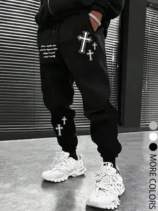 Men's Street Style Cross & Bible Verse Print Drawstring Waist Sport Pants, Urban Fashion Joggers, Unique Fitted Cut Casual Fall Winter Y2K