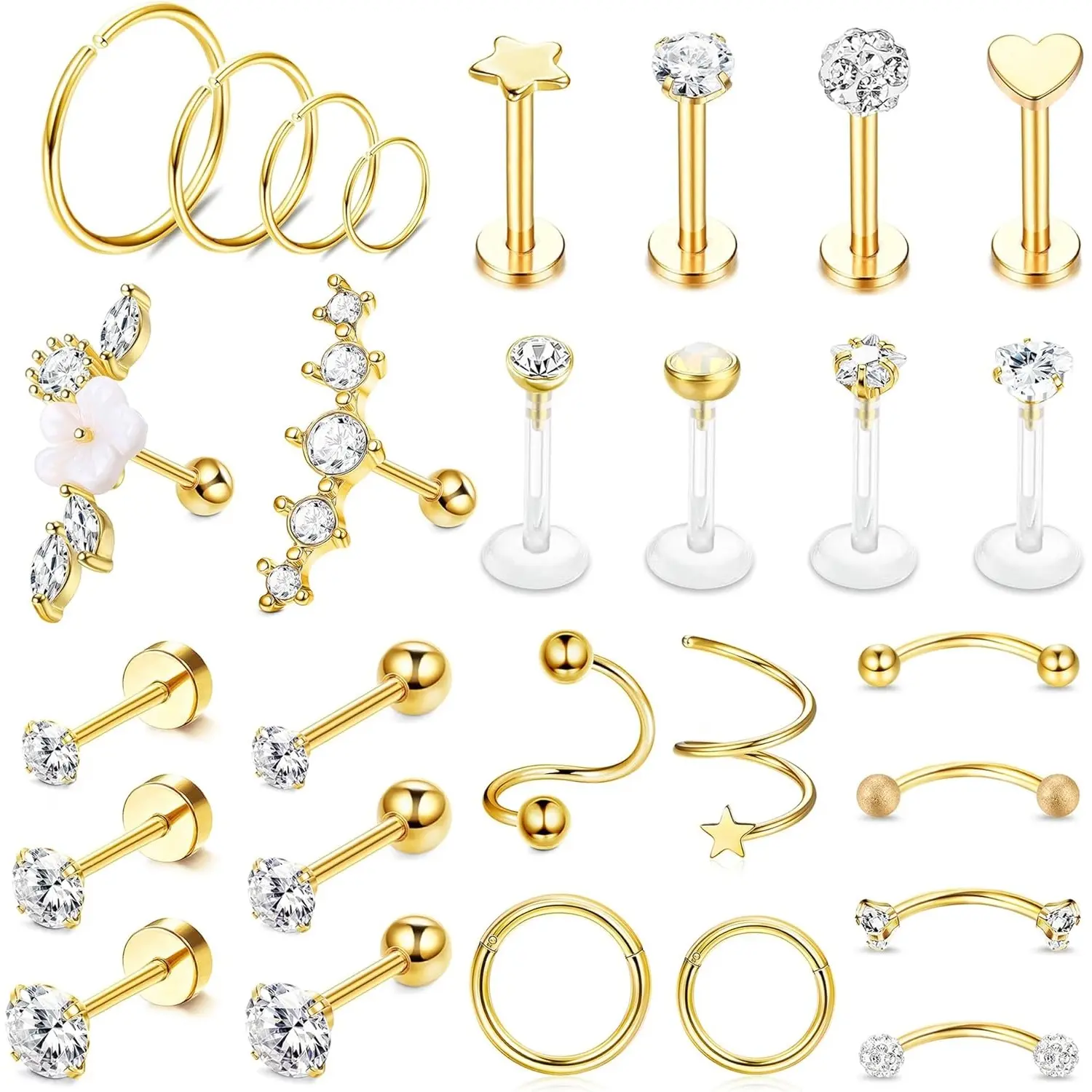 YADOCA 28PCS 16G Surgical Steel Body Piercing Jewelry Set - Women's Cartilage Studs, Argolla Style Hoops for Tragus, Helix, Septum, Daith, CZ Barbell Lip Jewelry - Silver/Gold, Cartilage Stud, Conch Piercing, Geometric, Anniversary, Body Jewelry Set