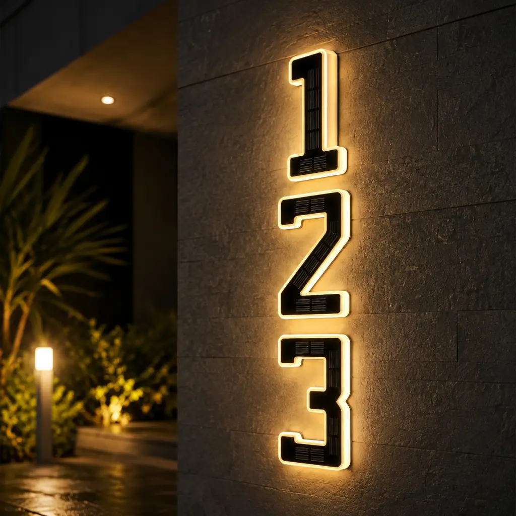6.7 Solar Powered LED House Numbers, Light Up Waterproof Address Signs for Houses, Backlit Illuminated Modern Exterior Door Numbers yard garden street garage lighting