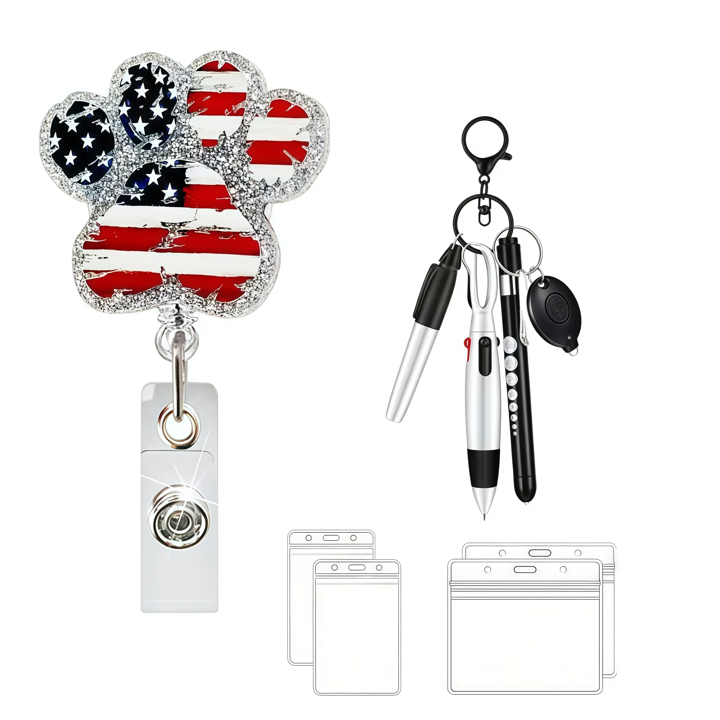 Expandable Patriotic Dog Paw Badge Scroll Set with Multi-Functional Pen and ID Holder, American Flag Glitter Badge Clip, Ideal Gift