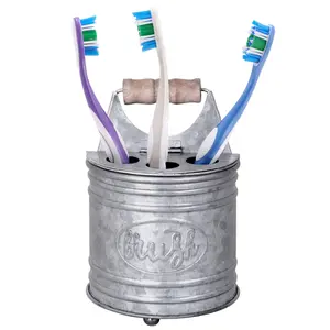 Autumn Alley Farmhouse Toothbrush Holder Galvanized Metal with Rustic Wooden Handle Unique Hinged Cover for Easy Cleaning Multiple Sections Bathroom Organizer