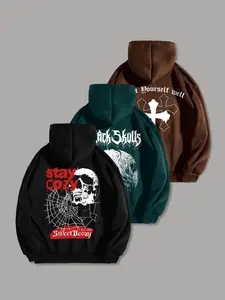 Men's Letter & Skull Print Drop Shoulder Hoodie, Fashion Casual Regular Fit Drawstring Pocket Hooded Sweatshirt for Daily Holiday Outdoor Wear, Men Clothes for Spring & Fall