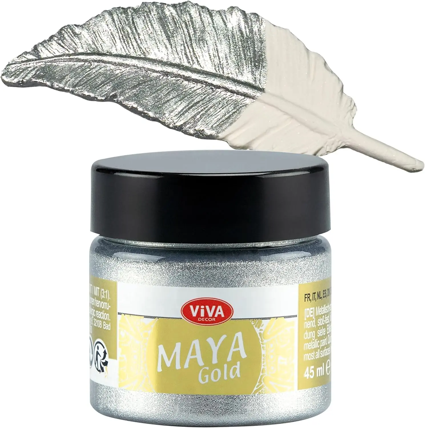 Viva Decor Maya Gold Silver Acrylic Paint - 1.52 Fl Oz Acrylic Base Paint with Deep Pigment, High Vibrancy, Luxurious Metallic Shine, Impact-Resistant, Smudge-Proof, Weatherproof for Wood/Glass Creative Works