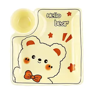 Golden Lion Cute Dumpling Plate 7.5 Inch Ceramic Appetizer Dish, Yellow Bear Design, Snack Serving Tray for Kitchen & Dining