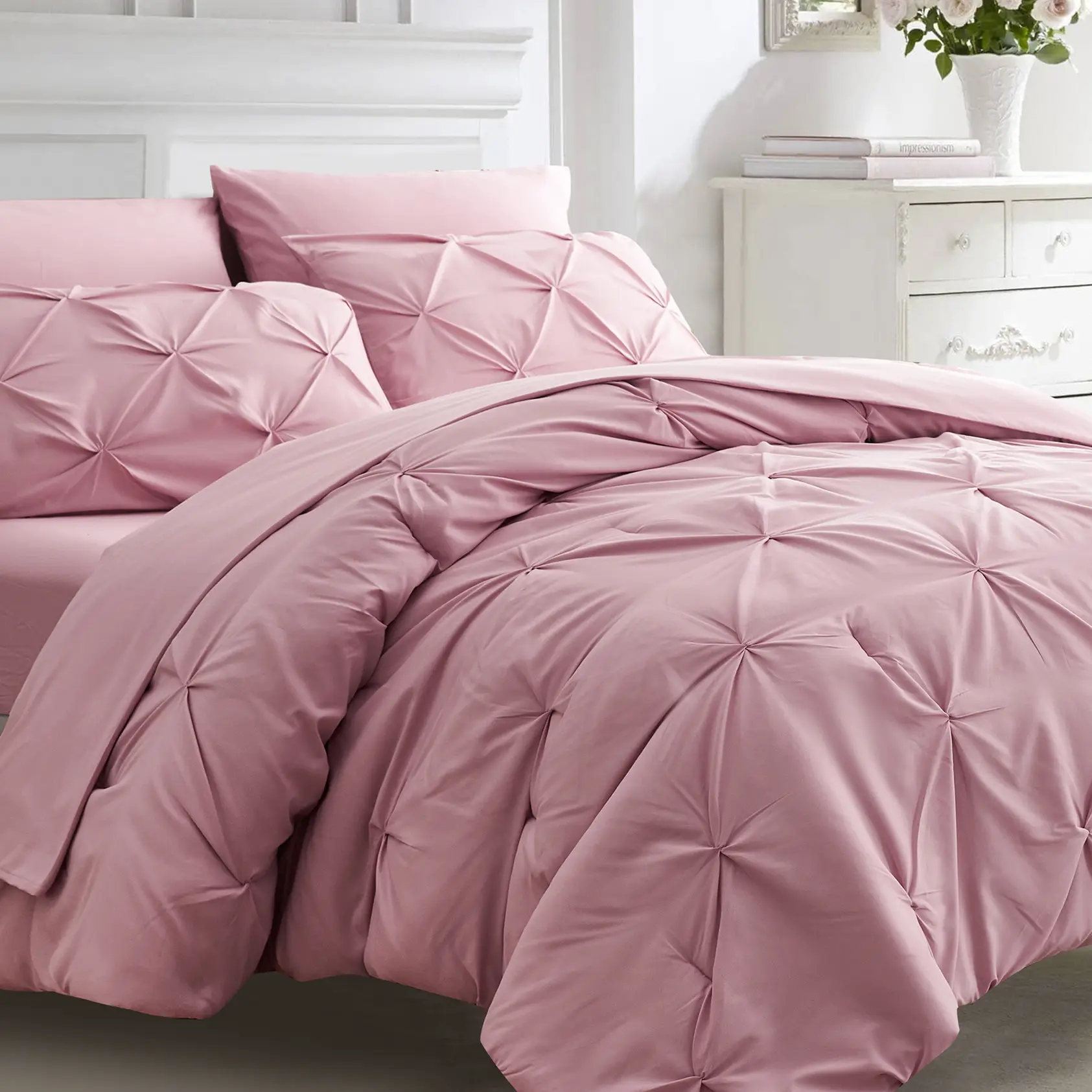【Black Friday】ELNIDO QUEEN 7PCS Pink Pintuck Comforter Set -All Season Pintuck 7 PCS soft bedding sets with Sheet wrinkle resistant bedding sets