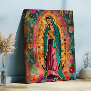 Floral Women Wooden Framed Wall Art Virgin Mary Mexican Style Vintage Canvas Print Home Decor Waterproof Artwork for Living Room Bedroom Office - Artistic