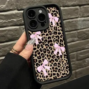 Leopard Print and Pink Bow  Pattern Case for iPhone 16 15 14 Pro Max 13 12 11 XR XS Plus Shockproof Full Camera Protection Durable slim Silicone Cover Gifts for women men girls boys