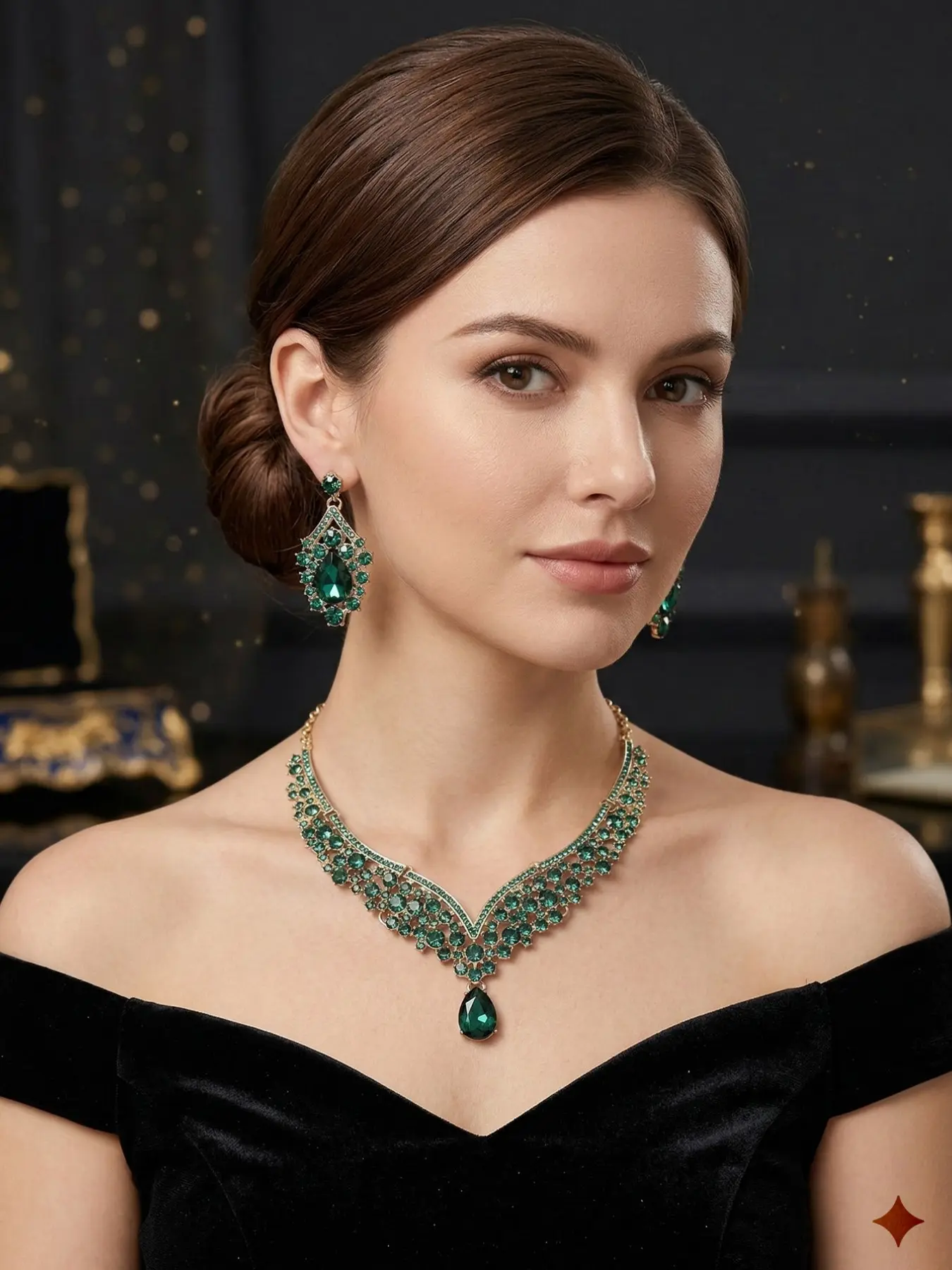 Luxurious Grandmother Crystal Set, Vintage V-Neck Necklace + Earrings, Wedding Party High-End Jewelry, Elegant Bride Accessory