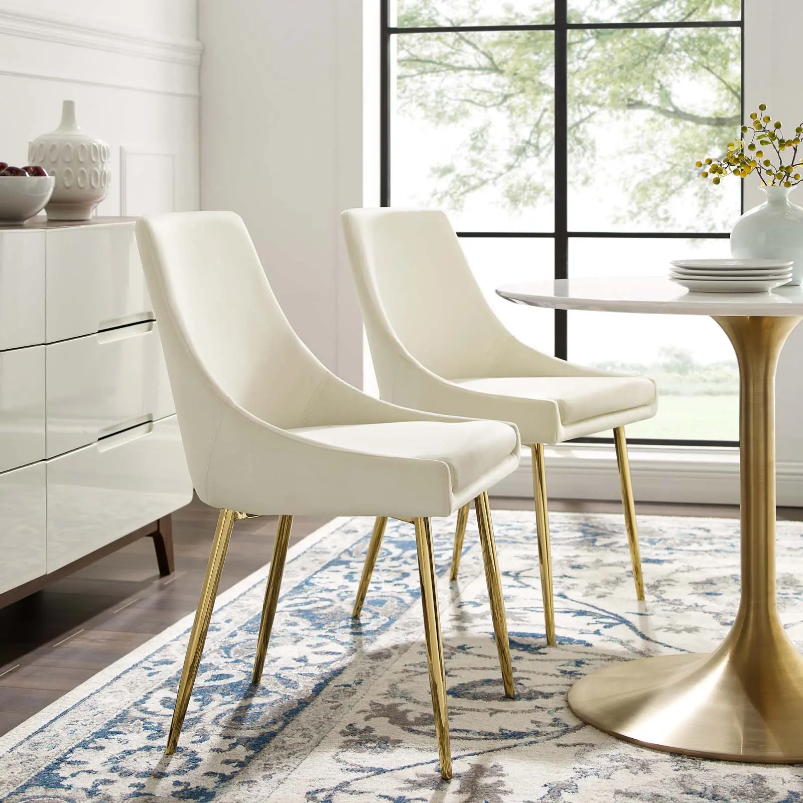 Modway Viscount Modern Accent Dining Room Chairs - Set of 2, Gold Ivory Performance Velvet Fabric Dining Chairs, Fabric Dining Chair