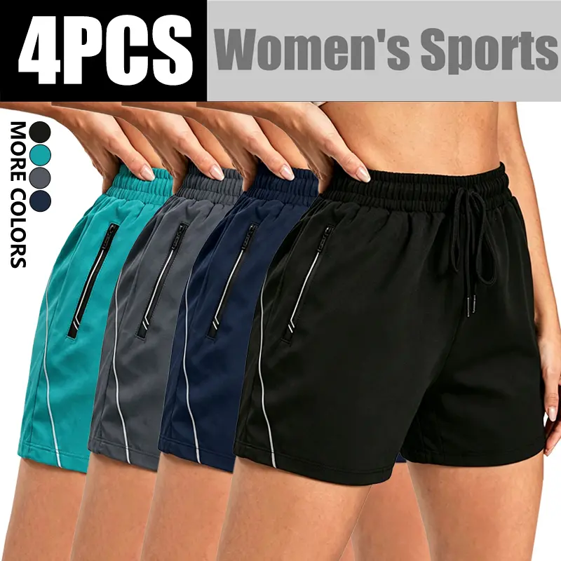 LIFE KEEPS MOVING women’s solid-color casual shorts 4/1 pack (runs large—order smaller), with zippered pockets, lightweight summer shorts, elastic waistband, loose and breathable casual pants, suitable for running and fitness