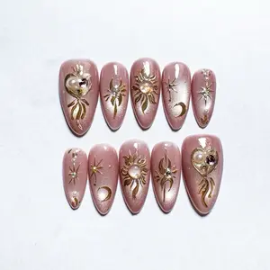 Nailspop Co COSMIC ORACLE Collection - Handmade Press-On Nails | Reusable, Salon-Quality, Long-Lasting, Rose Gold Cat-Eye & Baroque Heart Design