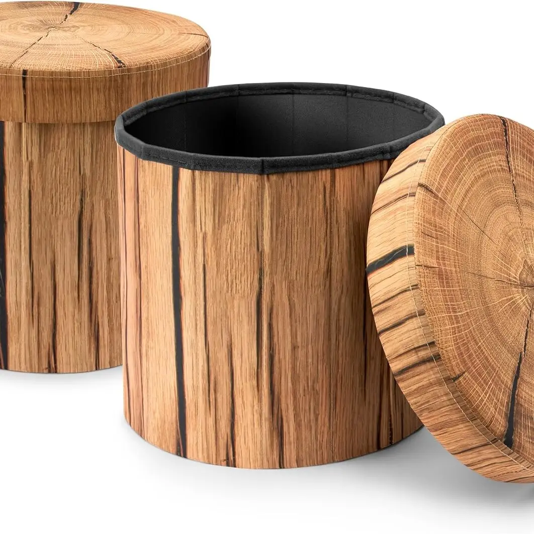 Sorbus Log Print Foldable Storage Ottoman Set of 2 - Footstool with Storage, Mini Circular Living Room Stool & Bench Furniture