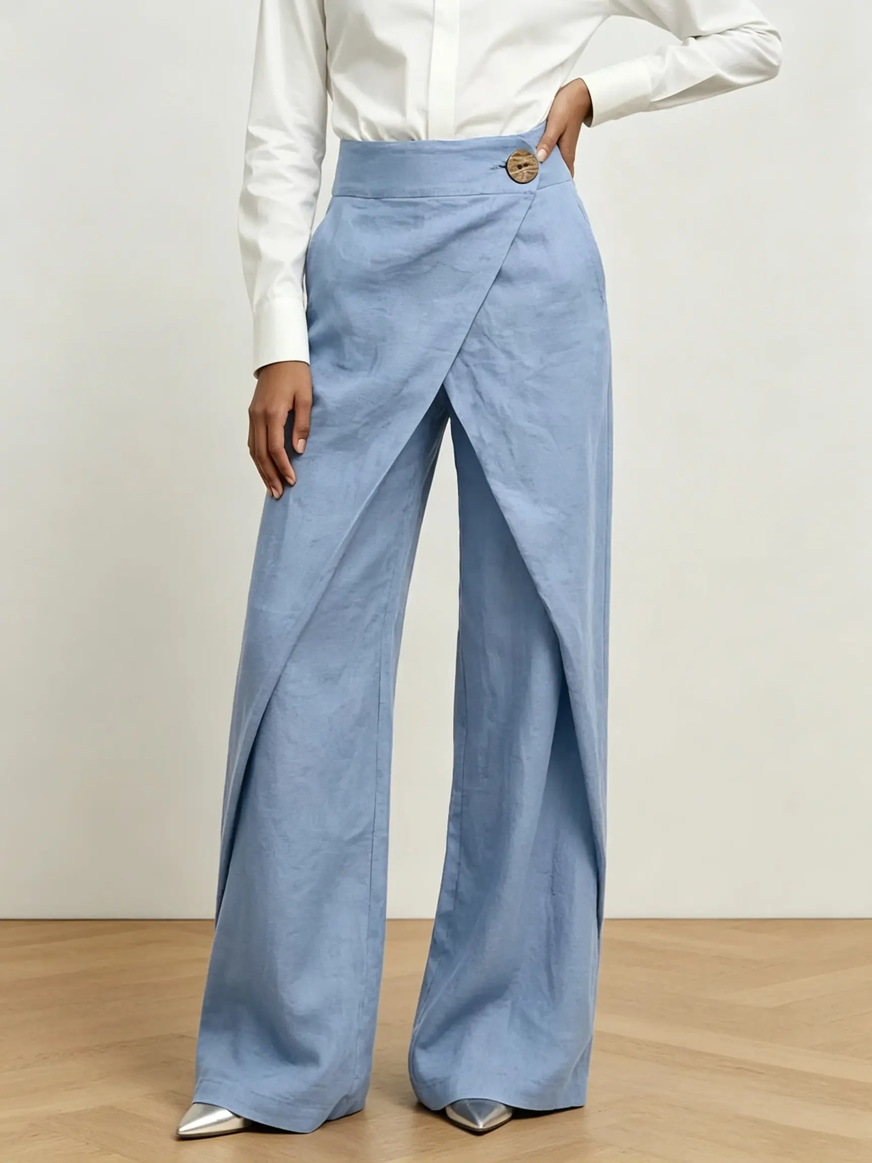 Womens Asymmetrical Wrap Front Wide Leg Pants Blue Skirt Pants Overlay Skort Trousers Elastic Back Waist Flowy Palazzo Bottoms 2026 Fall Fashion Elegant Office Wear Casual Chic Stretchy Polyester Blend Flattering Effortless Everyday