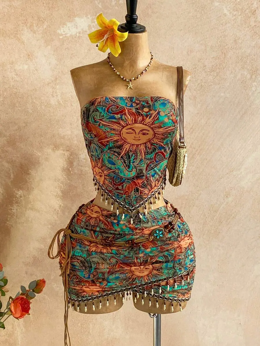 Women's Teal Summer Boho Holiday Music Festival Holiday Print Patchwork Beaded Chain Tube Top & Low Waist Vintage 2-Piece Set,Party No Bra Pads
