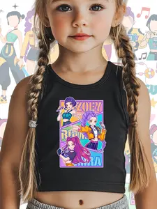 Kpop Demon Hunters Series Girls' Spring Summer Fitted Vest, Fashion Member Name Print, Casual Comfort Cartoon Pattern, Breathable Skin-Friendly