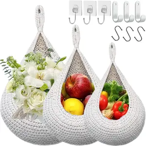 3 Pack Handwoven Boho Hanging Fruit Baskets for Kitchen, Bohemian Hanging Teardrop Basket Organizer for Fruit Vegetable Potato Onion,Storage Bathroom Kitchen Back of Door with Hook(Cotton Rope)
