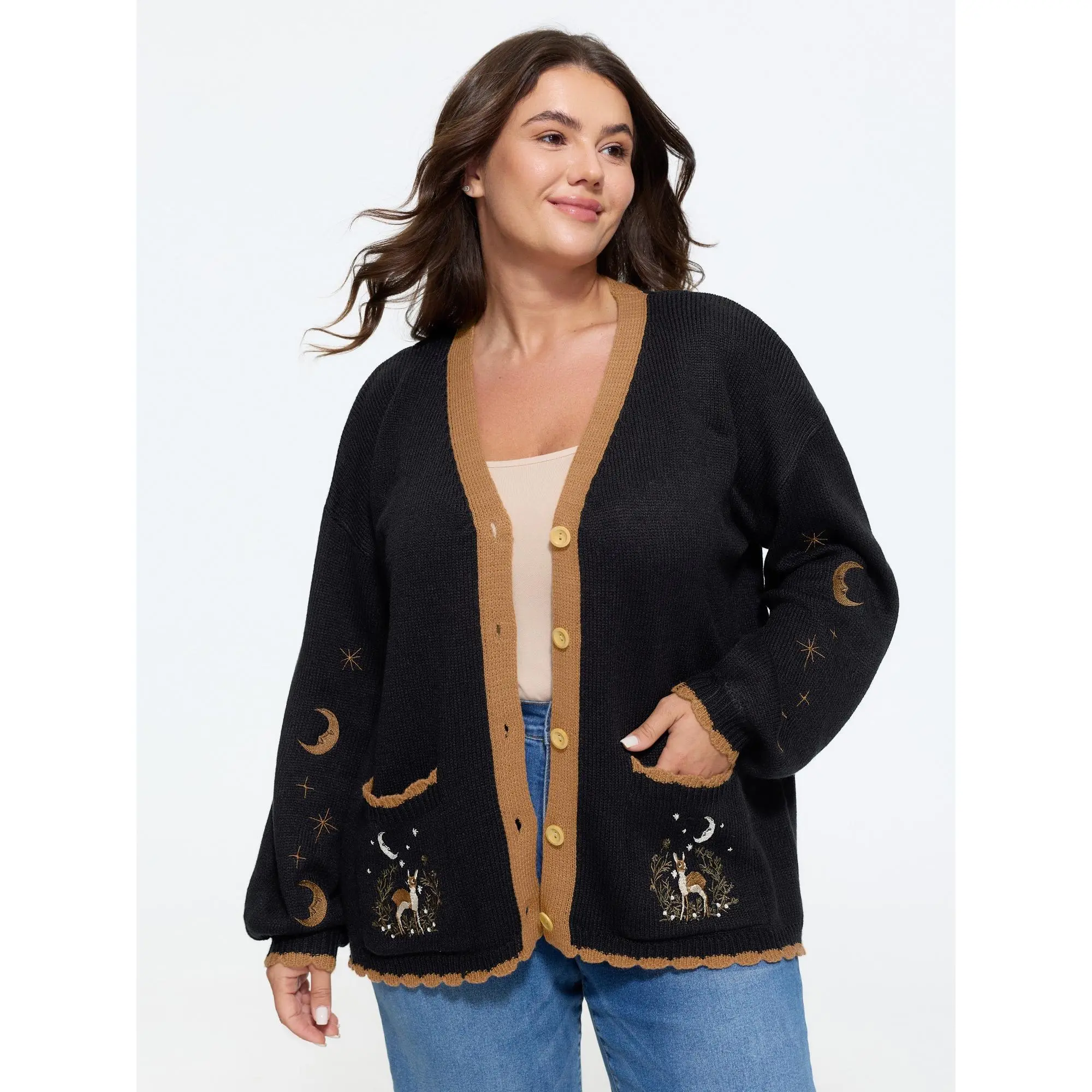 BloomChic Moon Star Deer Embroidered Contrast Trim Cardigan 【M-6XL】