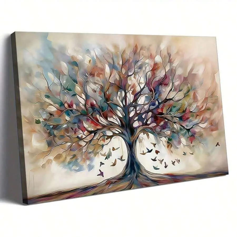Vintage Colorful Abstract Tree of Life Canvas Wall Art - Wood Framed Geometric Love Theme Home Decor, Ready to Hang for Living Room, Perfect Gift for Halloween, Graphic Prints Mother's Day,  Artistic Room Accent, Reusable Artwork Art Wall Decoration