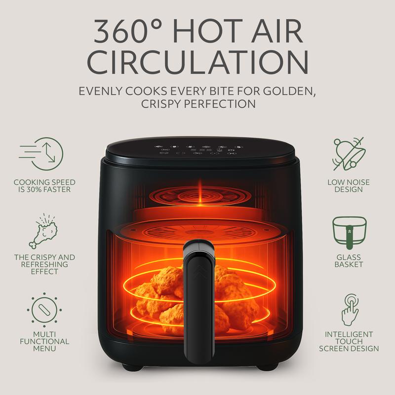 CookWithWillow 5QT Non-Toxic Air Fryer with Glass Bowl & Digital Display Large Touchscreen Oven 1500W Dishwasher Safe Eco-Friendly Recycled Plastic