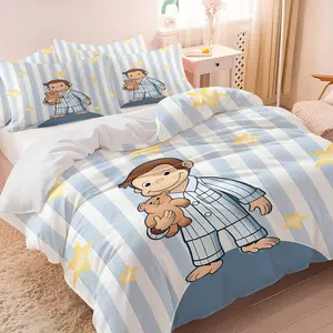 Curious George IP Full-Print Playful Cartoon Pattern Soft Duvet Cover And Pillowcase Set, Includes One Duvet Cover And 1/2 Pillowcases, Does Not Include Filling. Suitable For Children, Students, And Cartoon Fans, Bedding Supplies