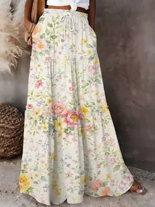 Green Leaf Print Maxi Skirt | Boho Botanical Tiered Skirt with Pockets