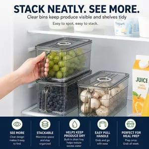 Stackable Pull-Out Fridge Organizer Bin with Drain Tray, Clear Refrigerator Produce Storage Container with Handle for Fruits, Vegetables & Meal Prep