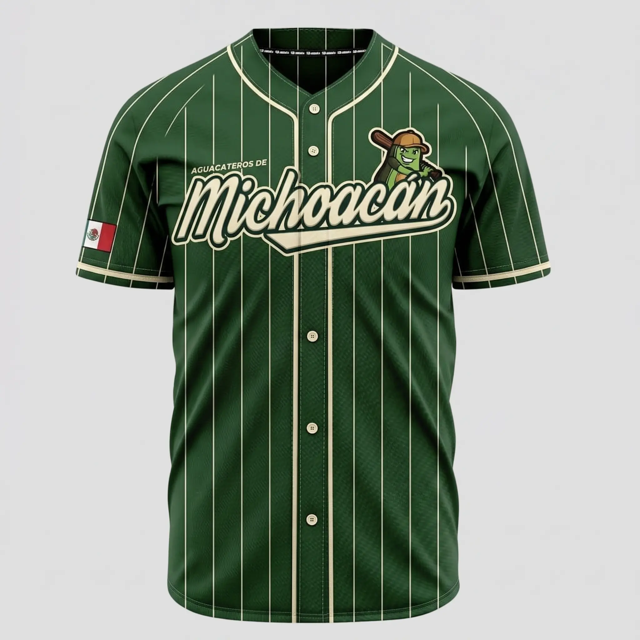 Aguacateros de Michoacan Green Baseball Jersey – Mexico Heritage Pinstripe Button-Up Sports Shirt, Avocado Mascot Graphic, Unisex Fan Apparel
