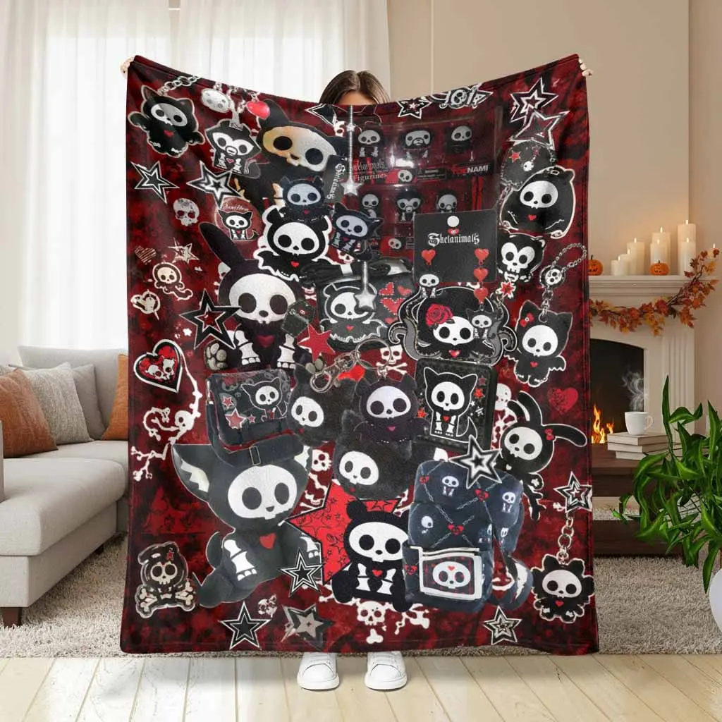 Skelanimals Flannel Blanket Goth Skeleton Character Pattern Plush Super Soft Warm Cozy Texture Lightweight Durable Bedding Decor Ideal For Bedroom Couch Living Room Travel Camping Festival Gifts Birthday Presents