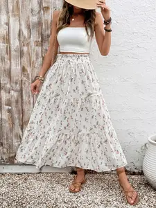 Women's Summer A-Line Floral Print Elastic Waist Casual Tiered Skirt, Stylish and Comfortable, Perfect for Daily Wear